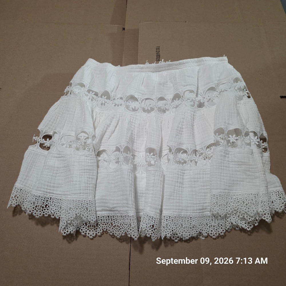 Surf Gypsy White Gauze Crochet Lace Tiered Mini Skirt Large Boho Beach Coverup
